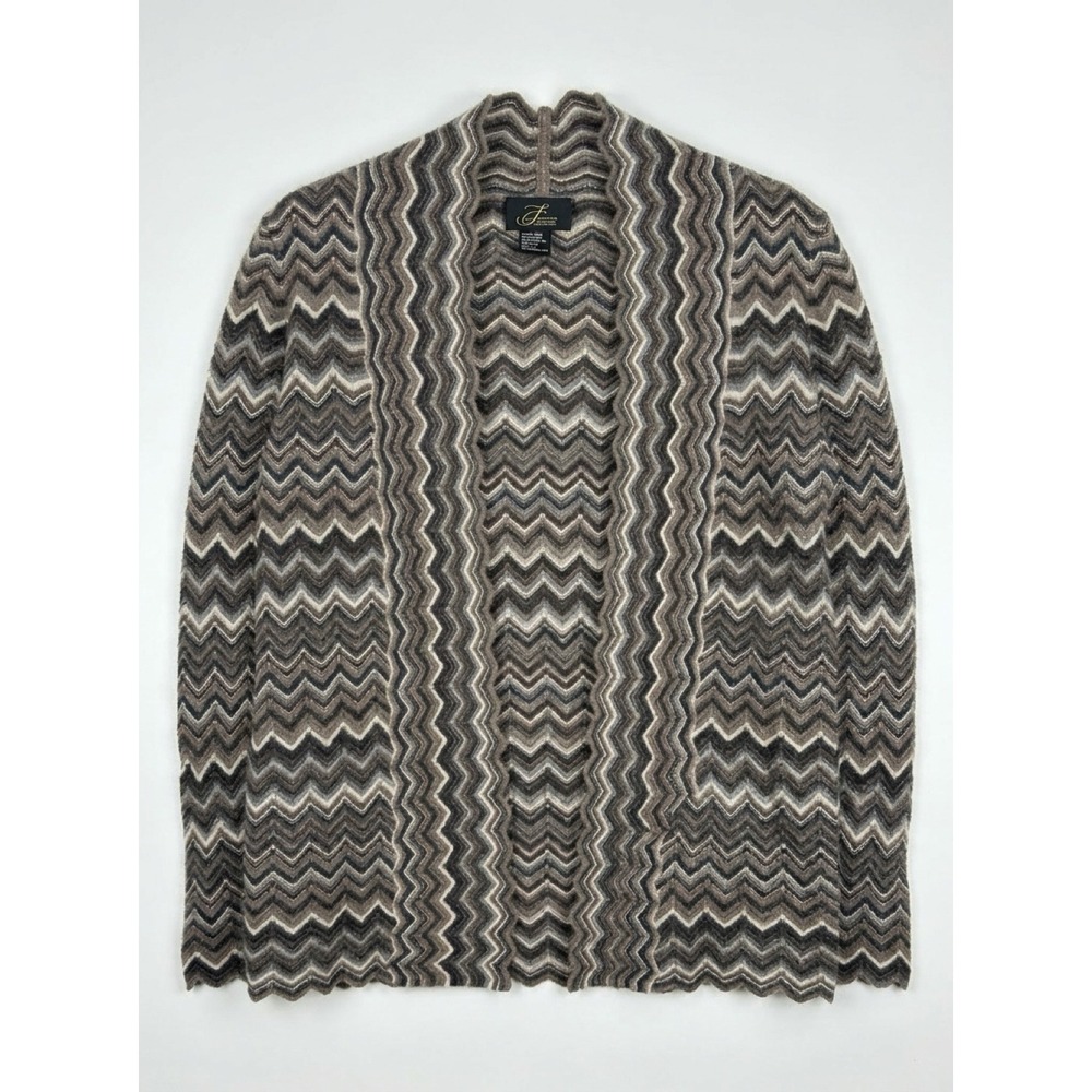 F Pure Cashmere Cardigan Chevron Zig Zag Brown Grey Womens L Boho Luxury